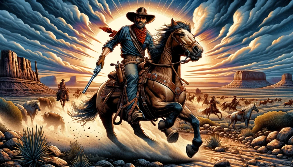 Joe Christmas' Ranch - A vivid and detailed wide illustration of Joe Christmas, depicted as a cowboy in a dynamic western setting. Joe is shown riding a spirited horse acros (2)