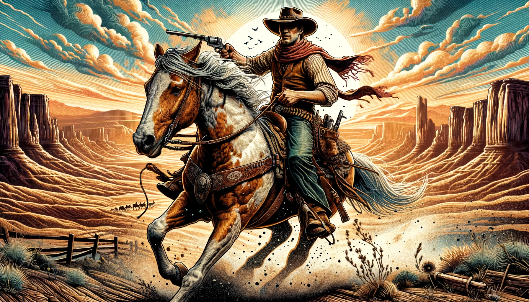Joe Christmas' Ranch - A vivid and detailed wide illustration of Joe Christmas, depicted as a cowboy in a dynamic western setting. Joe is shown riding a spirited horse acros (2)